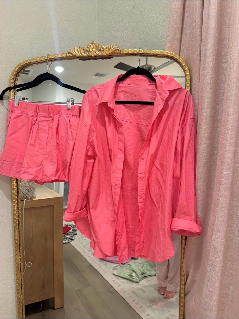 Daily Drills  Pink Button-Up Shirt with Matching Shorts Set